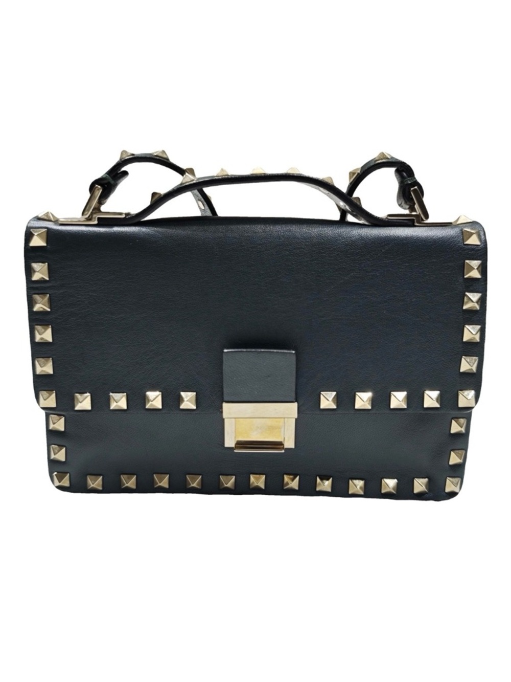 Valentino Black Leather Studded Crossbody Bag with Gold Hardware